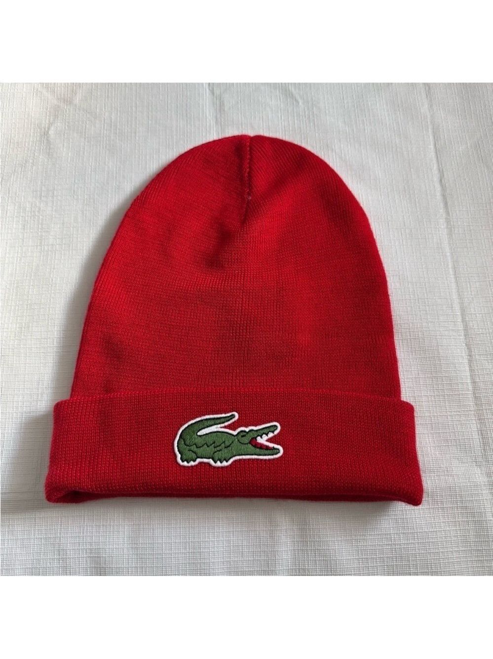 Lacoste Red Knit Hat with Iconic Crocodile Logo
